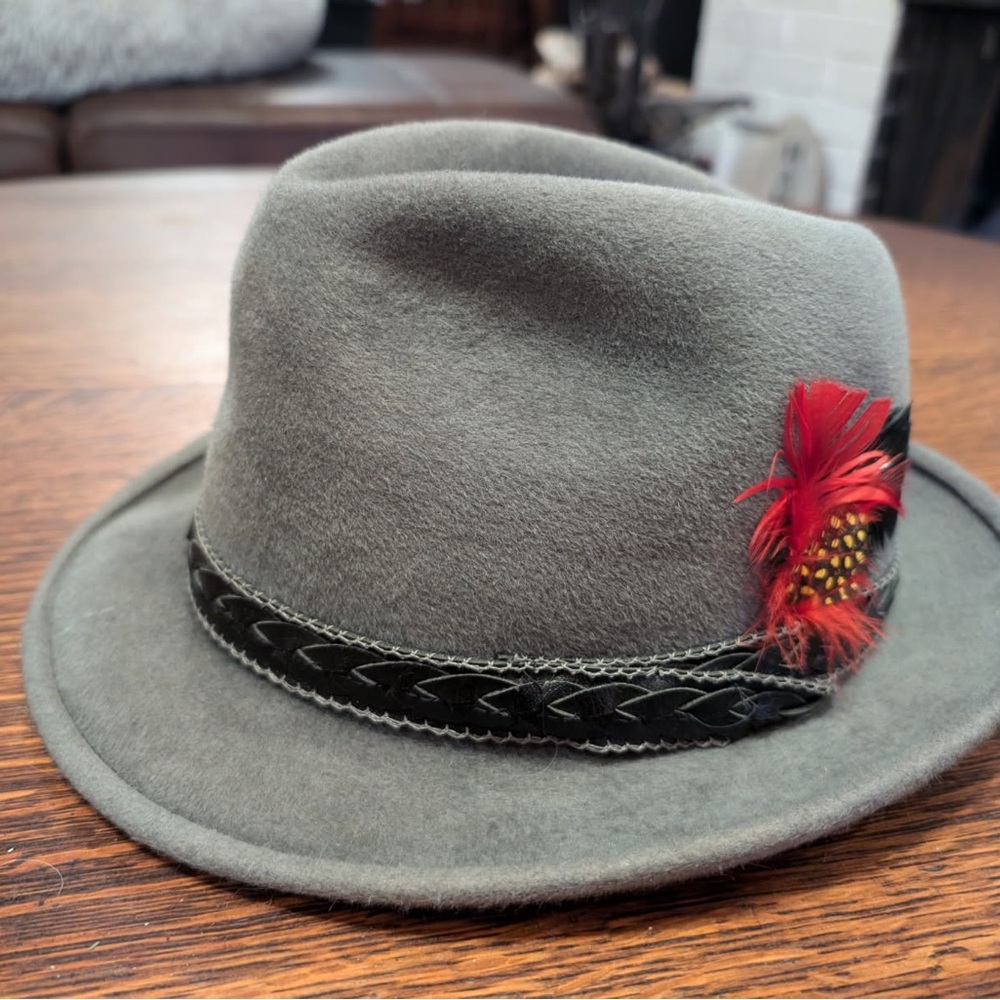 Vintage with tag Biltmore Gray Fedora Hat with Red Feather Accent Made in 🇨🇦